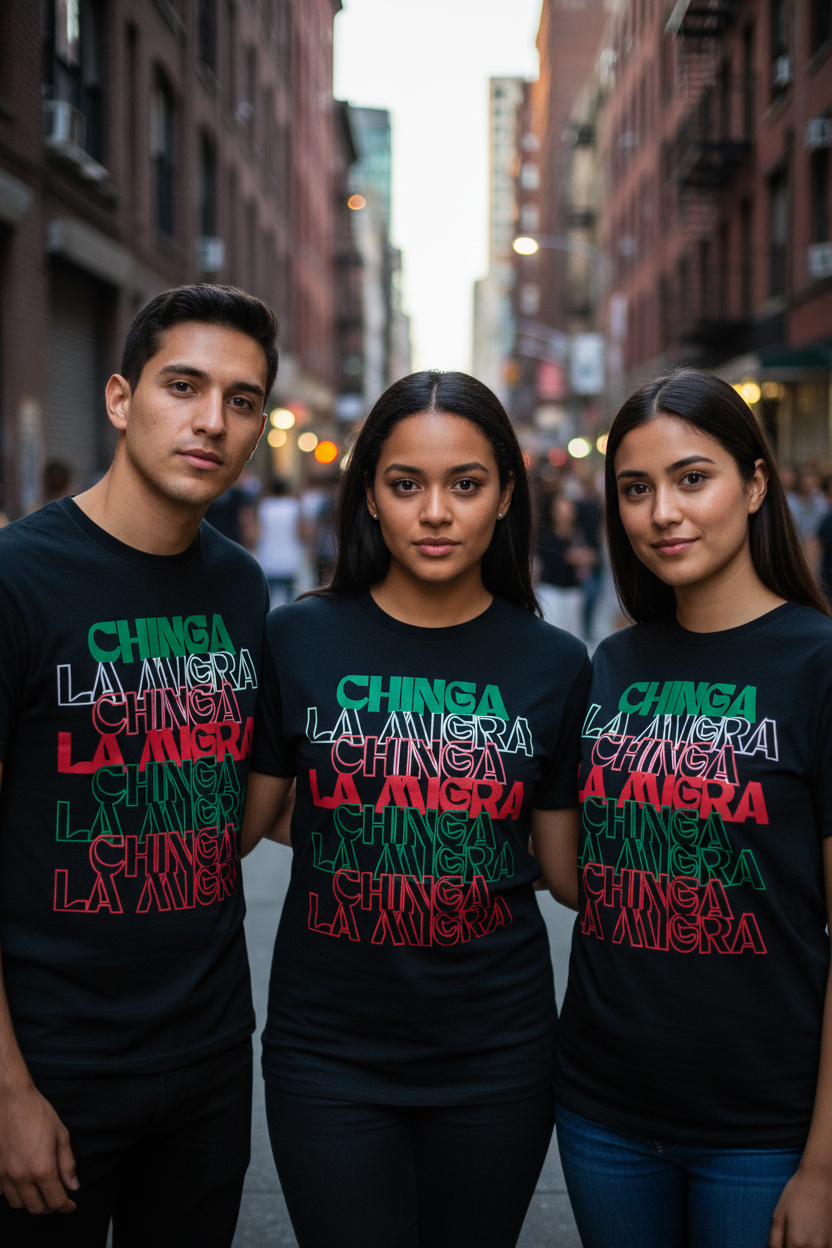Chinga La Migra black graphic t-shirt close up shot on urban street