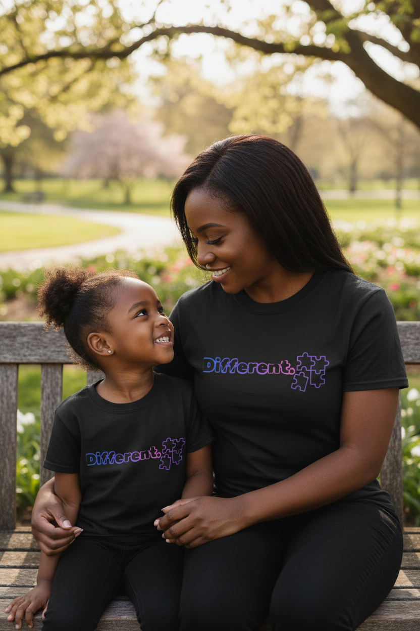 Black mother and daughter wearing matching black Different. autism awareness graphic t-shirts