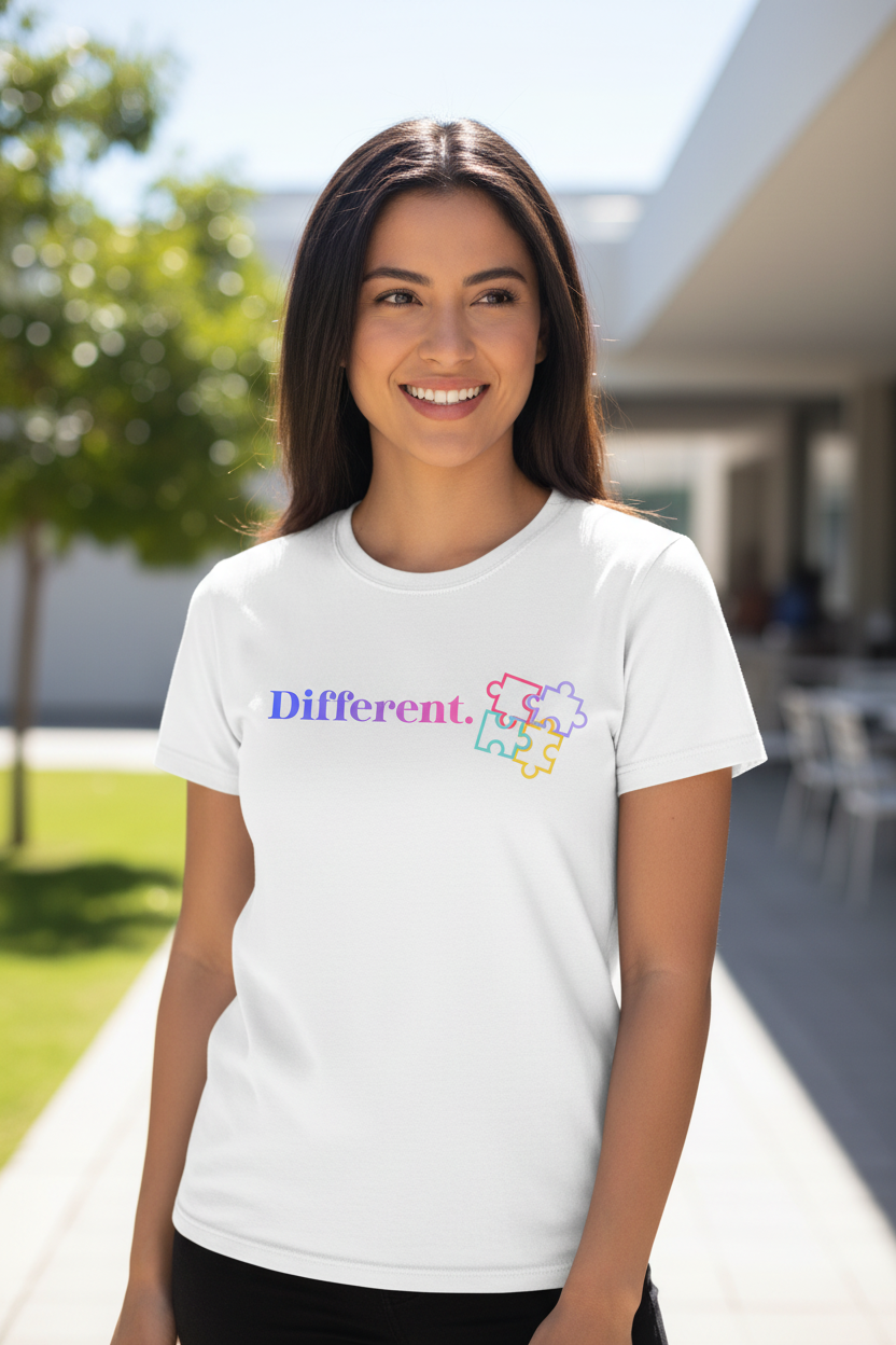 Different autism awareness graphic t-shirt with colorful puzzle pieces